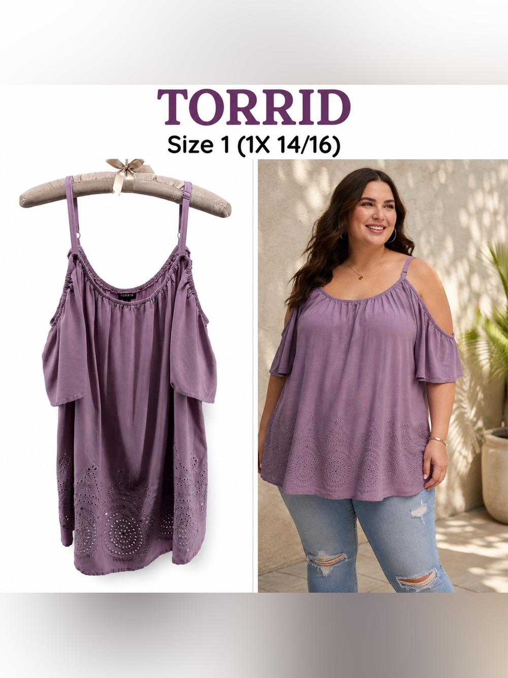 Torrid Size 1 1X 14/16 Purple Cold Shoulder Eyelet Embroidered Boho Blouse